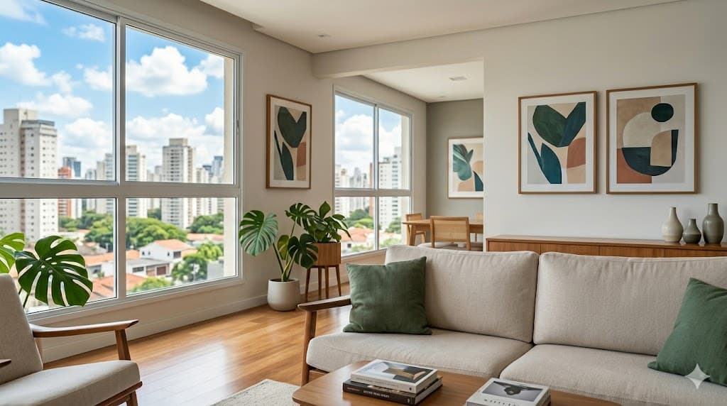 Sala de estar com vista urbana em imóvel de alto padrão